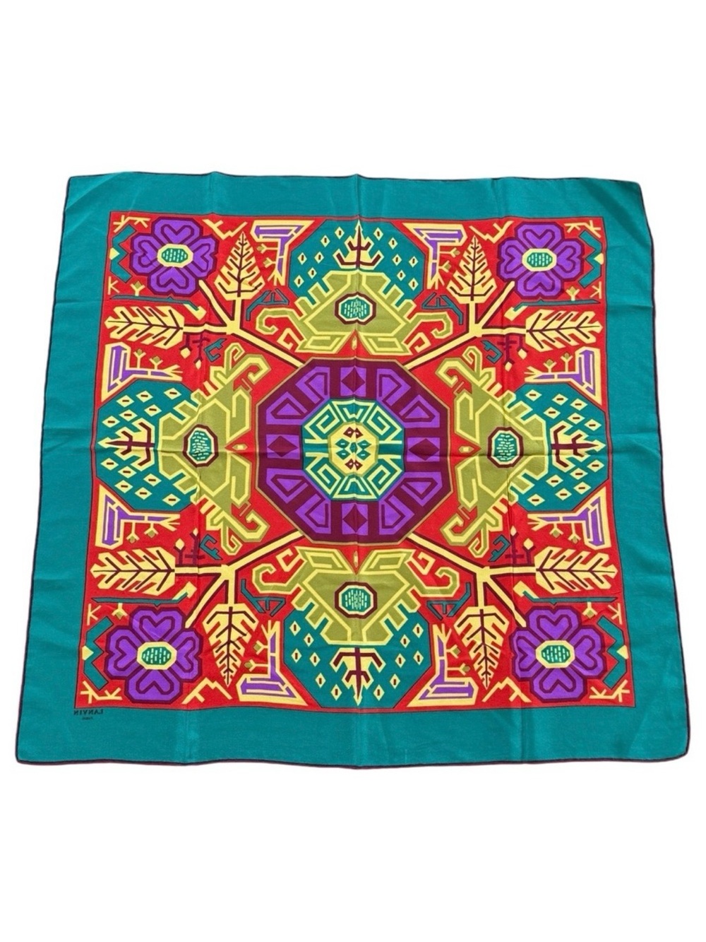 LANVIN Paris Silk Square Scarf 27” Colorful Aztec Geometric Fashion Scars‎
